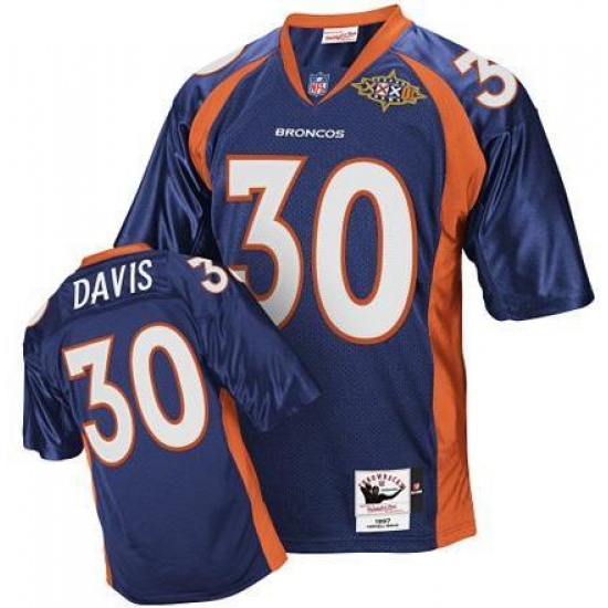 Mitchell And Ness Denver Broncos 30 Terrell Davis Navy Blue Super Bowl Patch Authentic Throwback NFL Jersey
