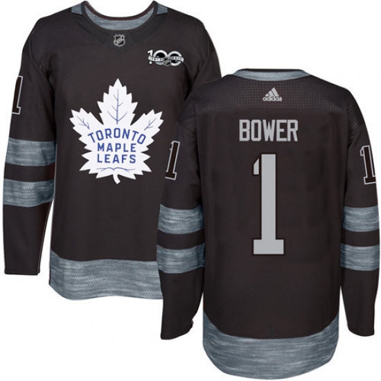 Men's Adidas Toronto Maple Leafs 1 Johnny Bower Authentic Black 1917-2017 100th Anniversary NHL Jersey