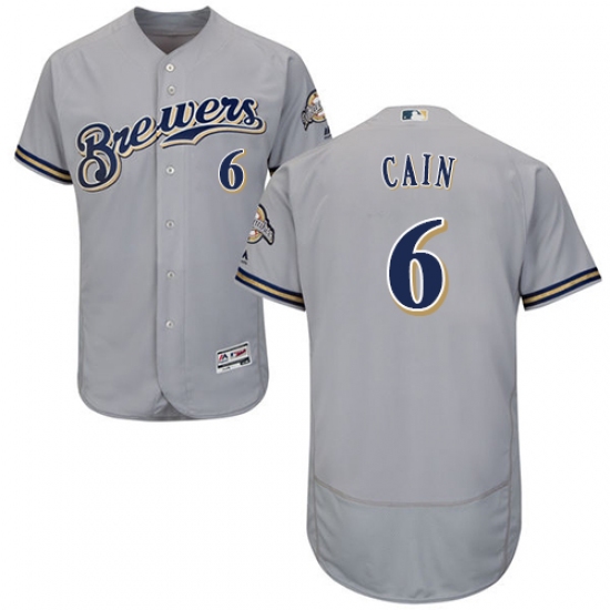 Men's Majestic Milwaukee Brewers 6 Lorenzo Cain Grey Road Flex Base Authentic Collection MLB Jersey