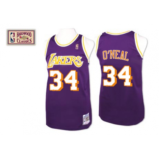 Men's Mitchell and Ness Los Angeles Lakers 34 Shaquille O'Neal Authentic Purple Throwback NBA Jersey