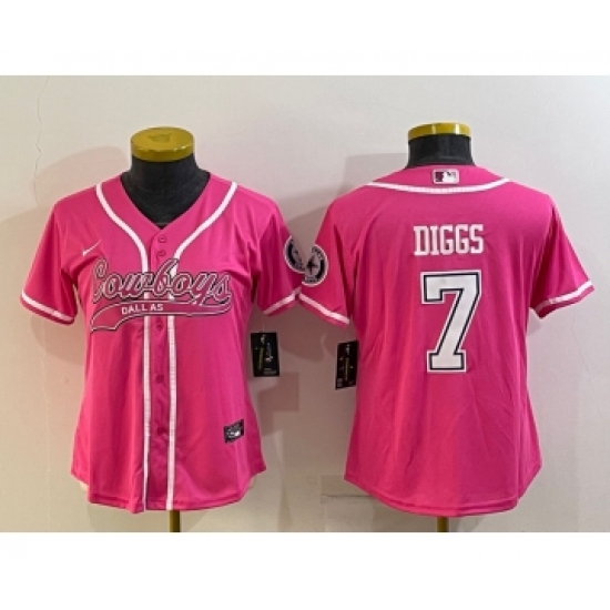 Women's Dallas Cowboys 7 Trevon Diggs Pink With Patch Cool Base Stitched Baseball Jersey