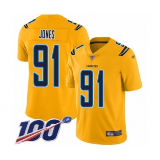 Men's Los Angeles Chargers 91 Justin Jones Limited Gold Inverted Legend 100th Season Football Jersey