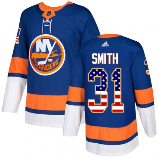 Men's Adidas New York Islanders 31 Billy Smith Authentic Royal Blue USA Flag Fashion NHL Jersey