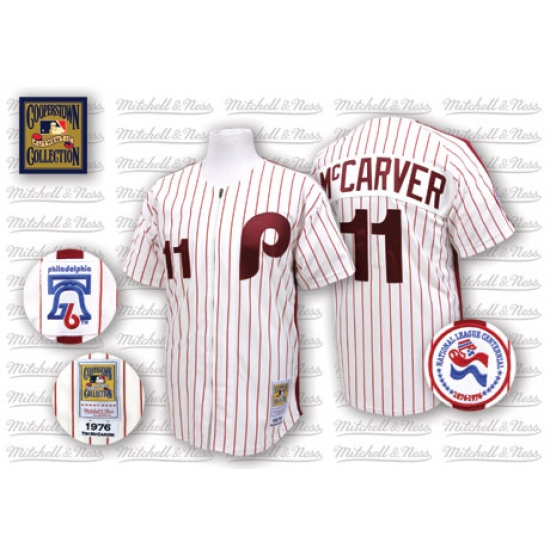 Men's Mitchell and Ness Philadelphia Phillies 11 Tim McCarver Authentic White/Red Strip Throwback MLB Jersey