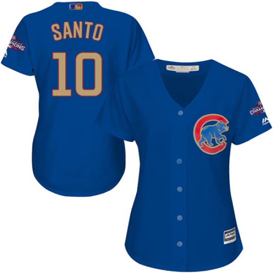 Women's Majestic Chicago Cubs 10 Ron Santo Authentic Royal Blue 2017 Gold Champion MLB Jersey