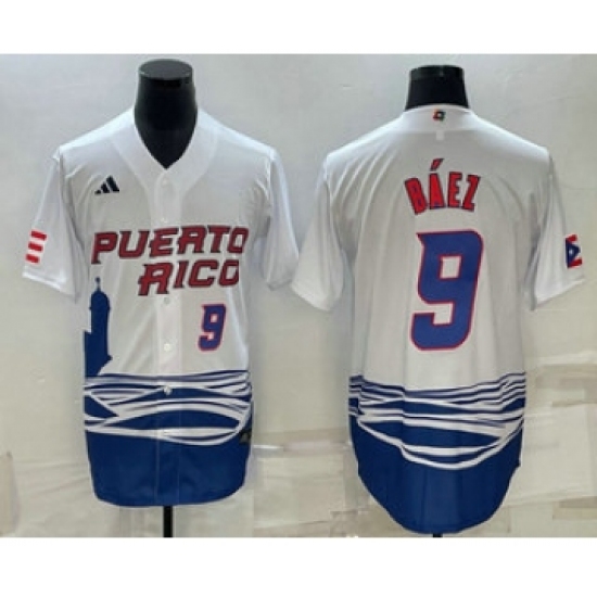 Men's Puerto Rico Baseball 9 Javier Baez Number White 2023 World Baseball Classic Stitched Jersey