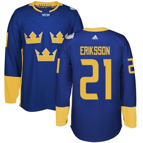 Men's Adidas Team Sweden 21 Loui Eriksson Premier Royal Blue Away 2016 World Cup of Hockey Jersey