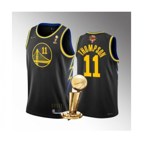 Men's Golden State Warriors 11 Klay Thompson Black 2022 NBA Finals Champions Stitched Jersey