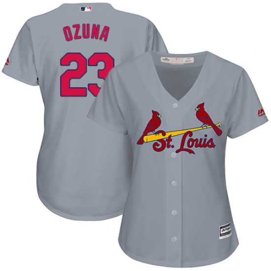 Women's Majestic St. Louis Cardinals 23 Marcell Ozuna Authentic Grey Road Cool Base MLB Jersey