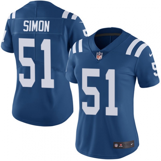 Women's Nike Indianapolis Colts 51 John Simon Royal Blue Team Color Vapor Untouchable Limited Player NFL Jersey