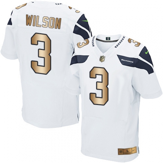 Men's Nike Seattle Seahawks 3 Russell Wilson Elite White/Gold NFL Jersey