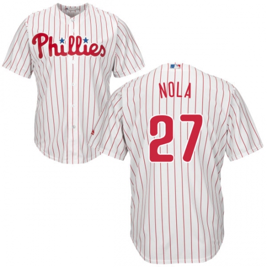 Men's Majestic Philadelphia Phillies 27 Aaron Nola Replica White/Red Strip Home Cool Base MLB Jersey
