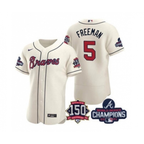 Men's Atlanta Braves 5 Freddie Freeman 2021 Cream World Series Champions With 150th Anniversary Flex Base Stitched Jersey