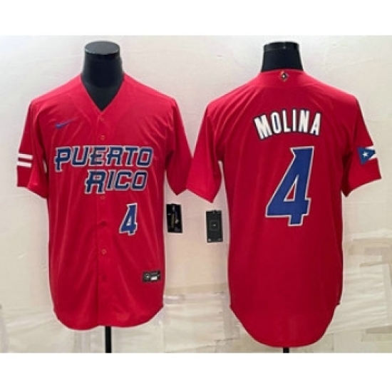Mens Puerto Rico Baseball 4 Yadier Molina Number 2023 Red World Baseball Classic Stitched Jersey