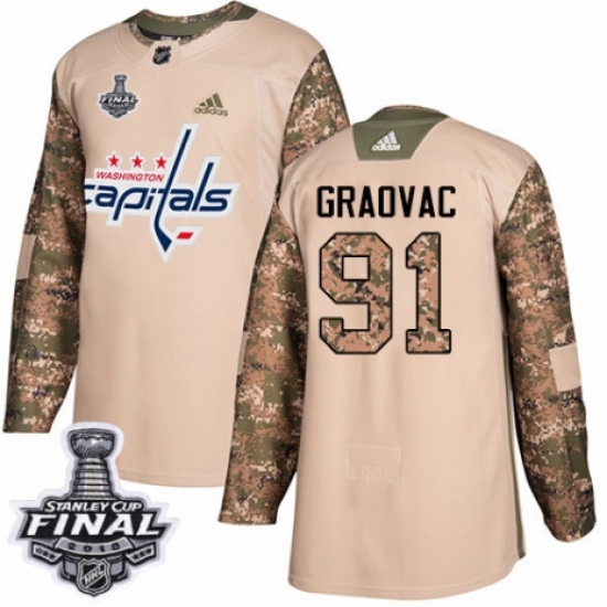 Men's Adidas Washington Capitals 91 Tyler Graovac Authentic Camo Veterans Day Practice 2018 Stanley Cup Final NHL Jersey