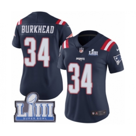 Women's Nike New England Patriots 34 Rex Burkhead Limited Navy Blue Rush Vapor Untouchable Super Bowl LIII Bound NFL Jersey