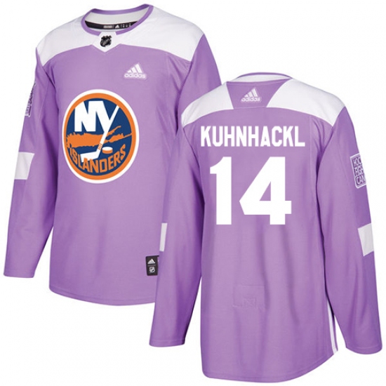 Men's Adidas New York Islanders 14 Tom Kuhnhackl Authentic Purple Fights Cancer Practice NHL Jersey