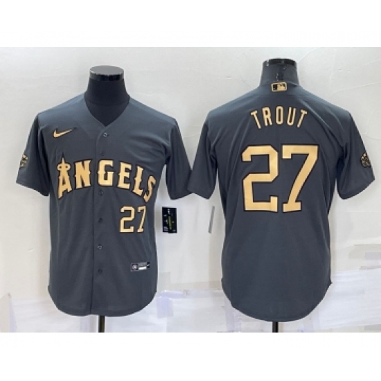 Men's Los Angeles Angels 27 Mike Trout Number Grey 2022 All Star Stitched Cool Base Nike Jersey