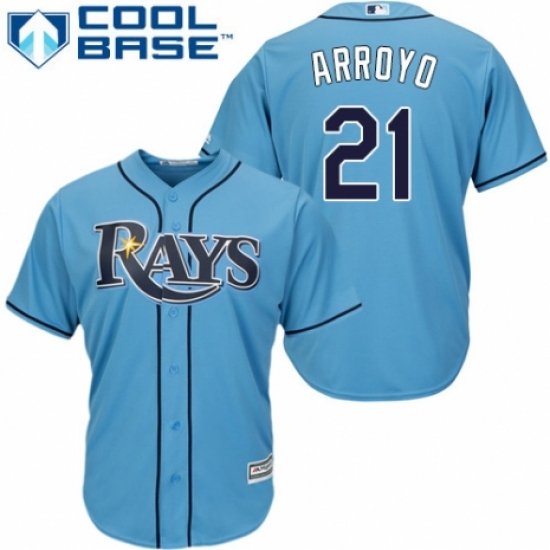 Youth Majestic Tampa Bay Rays 21 Christian Arroyo Authentic Light Blue Alternate 2 Cool Base MLB Jersey