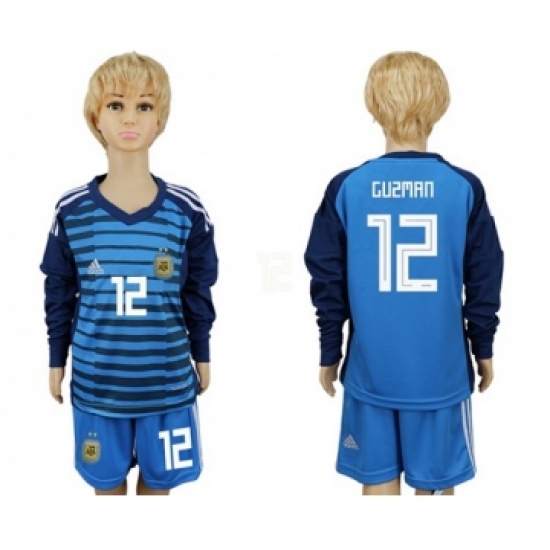 Argentina 12 Guzman Blue Long Sleeves Goalkeeper Kid Soccer Country Jersey