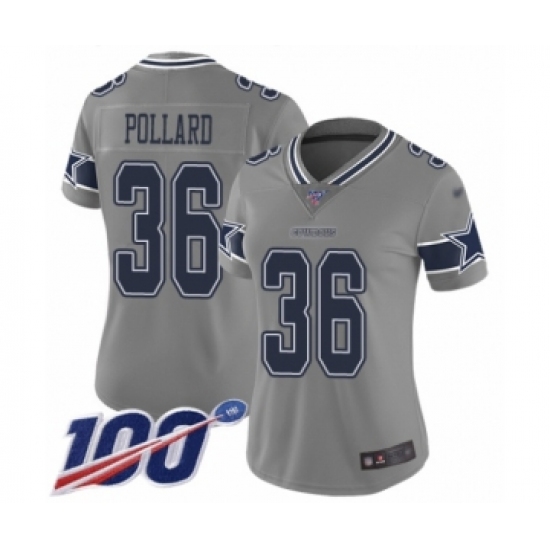 Women's Dallas Cowboys 36 Tony Pollard Limited Gray Inverted Legend 100th Season Football Jersey