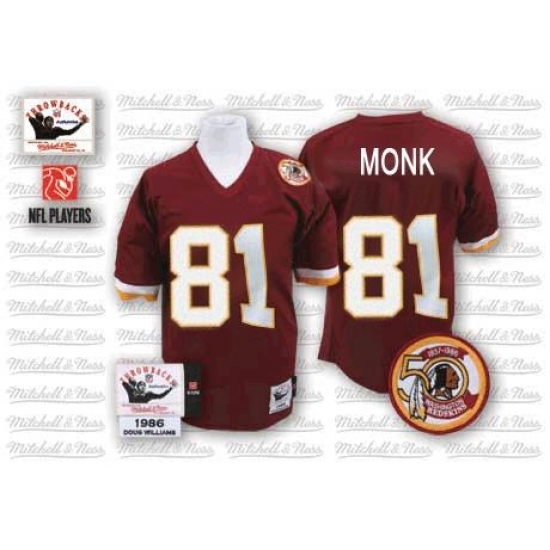 Mitchell and Ness Washington Redskins 81 Art Monk Burgundy Red Team Color 50TH Patch Authentic Throwback NFL Jersey