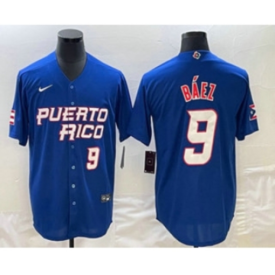 Men's Puerto Rico Baseball 9 Javier Baez Number 2023 Blue World Baseball Classic Stitched Jerseys