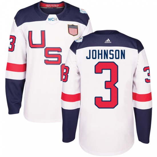 Men's Adidas Team USA 3 Jack Johnson Premier White Home 2016 World Cup Ice Hockey Jersey