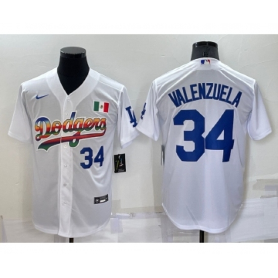 Men's Los Angeles Dodgers 34 Fernando Valenzuela Rainbow Blue White Mexico Cool Base Nike Jersey