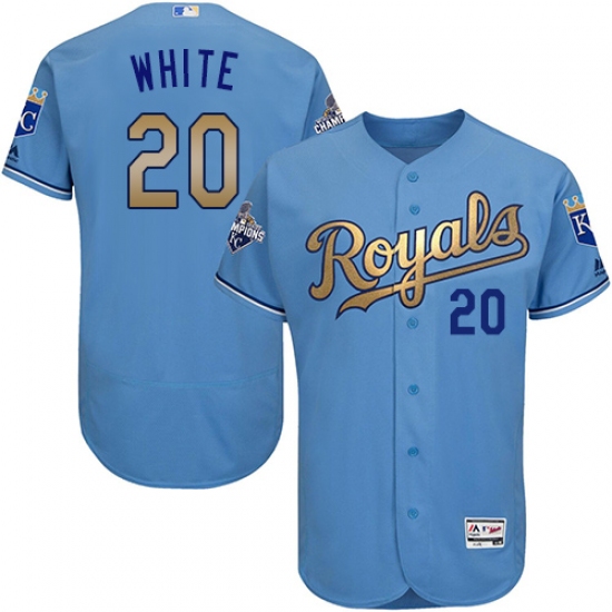 Men's Majestic Kansas City Royals 20 Frank White Authentic Light Blue 2015 World Series Champions Gold Program FlexBase MLB Jersey
