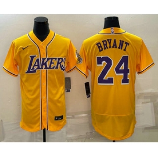 Men's Los Angeles Lakers 24 Kobe Bryant Yellow Stitched Flex Base Nike Baseball Jersey