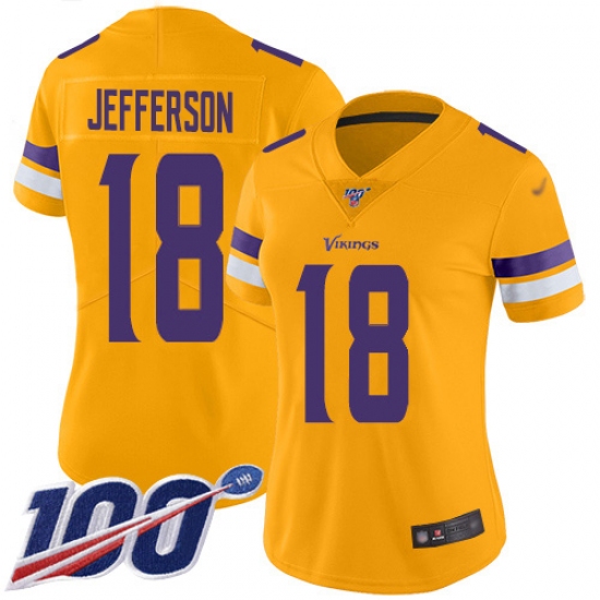 Women's Minnesota Vikings 18 Justin Jefferson Gold Stitched NFL Limited Inverted Legend 100th Season Jersey