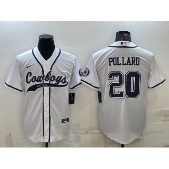 Men's Dallas Cowboys 20 Tony Pollard White With Patch Cool Base Stitched Baseball Jersey