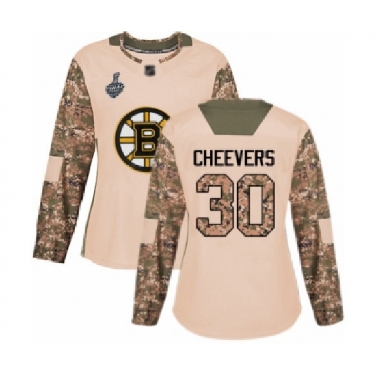 Women's Boston Bruins 30 Gerry Cheevers Authentic Camo Veterans Day Practice 2019 Stanley Cup Final Bound Hockey Jersey
