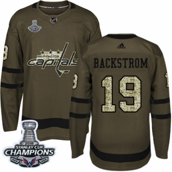 Men's Adidas Washington Capitals 19 Nicklas Backstrom Authentic Green Salute to Service 2018 Stanley Cup Final Champions NHL Jersey