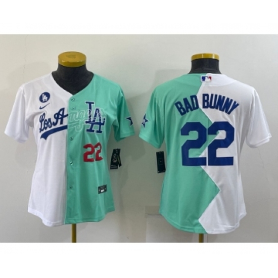 Women's Los Angeles Dodgers 22 Bad Bunny White Green Two Tone 2022 Celebrity Softball Game Cool Base Jerseys