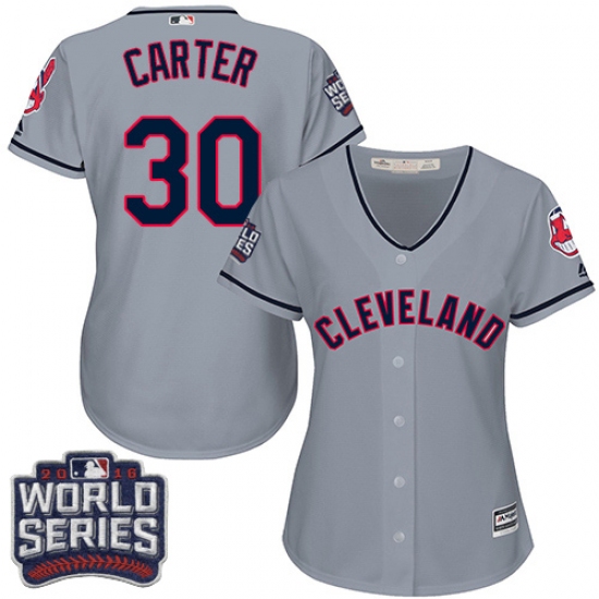 Women's Majestic Cleveland Indians 30 Joe Carter Authentic Grey Road 2016 World Series Bound Cool Base MLB Jersey
