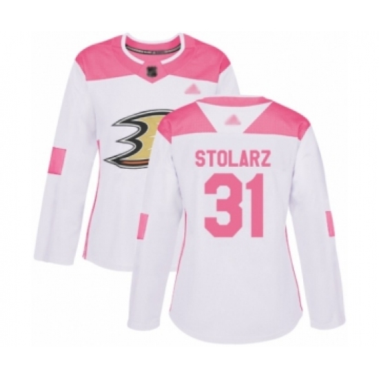 Women's Anaheim Ducks 31 Anthony Stolarz Authentic White Pink Fashion Hockey Jersey