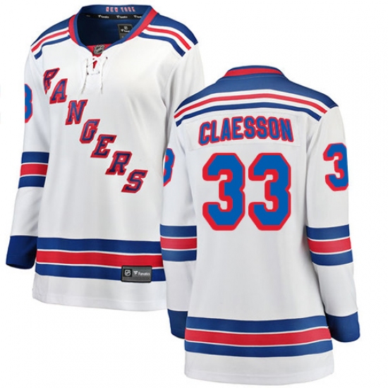 Women's New York Rangers 33 Fredrik Claesson Fanatics Branded White Away Breakaway NHL Jersey
