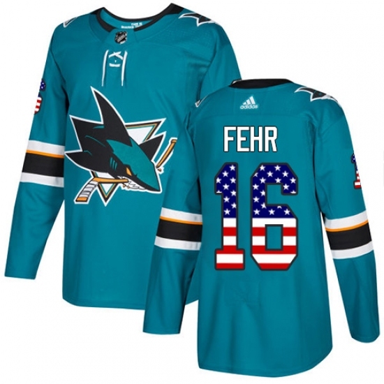 Men's Adidas San Jose Sharks 16 Eric Fehr Authentic Teal Green USA Flag Fashion NHL Jersey