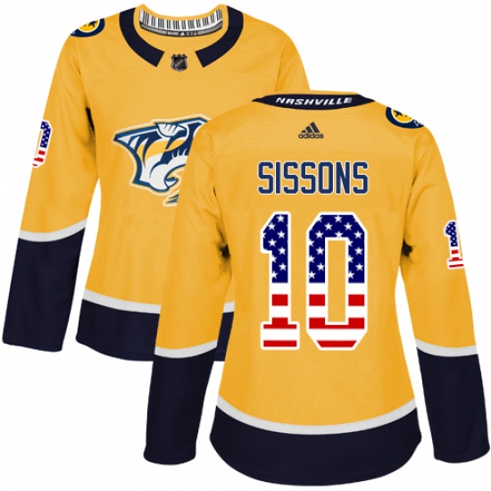 Women's Adidas Nashville Predators 10 Colton Sissons Authentic Gold USA Flag Fashion NHL Jersey