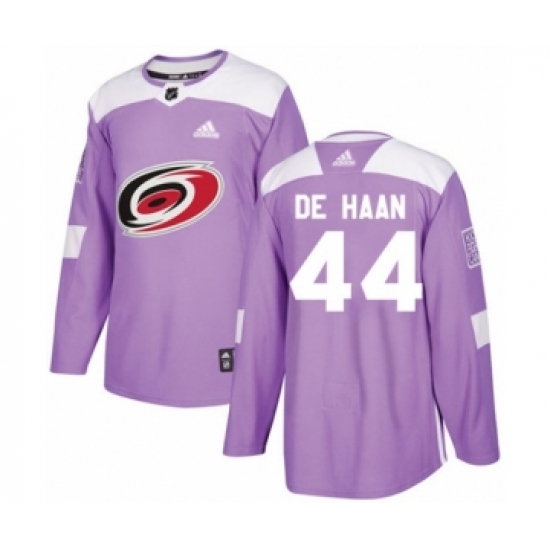 Men's Adidas Carolina Hurricanes 44 Calvin De Haan Authentic Purple Fights Cancer Practice NHL Jersey