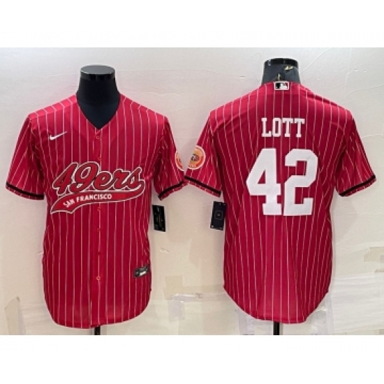 Men's San Francisco 49ers 42 Ronnie Lott Red Pinstripe With Patch Cool Base Stitched Baseball Jersey