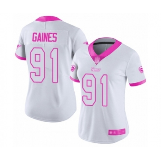 Women's Los Angeles Rams 91 Greg Gaines Limited White Pink Rush Fashion Football Jersey