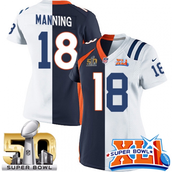 Women's Nike Denver Broncos 18 Peyton Manning Limited Navy Blue/White Split Fashion Super Bowl L & Super Bowl XLI NFL Jersey