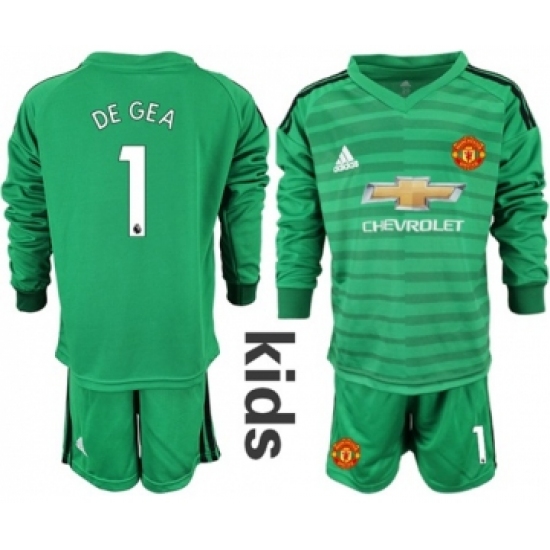 Manchester United 1 De Gea Green Goalkeeper Long Sleeves Kid Soccer Club Jersey