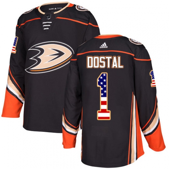 Men's Adidas Anaheim Ducks 1 Lukas Dostal Authentic Black USA Flag Fashion NHL Jersey