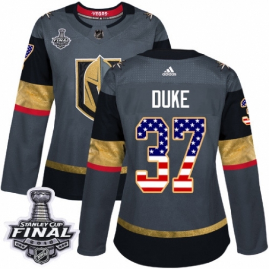 Women's Adidas Vegas Golden Knights 37 Reid Duke Authentic Gray USA Flag Fashion 2018 Stanley Cup Final NHL Jersey