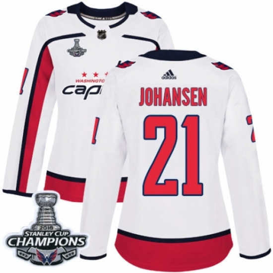Women's Adidas Washington Capitals 21 Lucas Johansen Authentic White Away 2018 Stanley Cup Final Champions NHL Jersey