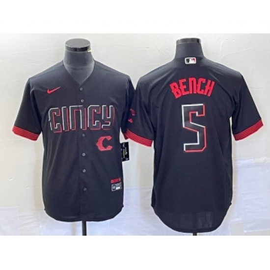 Men's Nike Cincinnati Reds 5 Johnny Bench Black 2023 City Connect Cool Base Stitched Baseball Jersey1